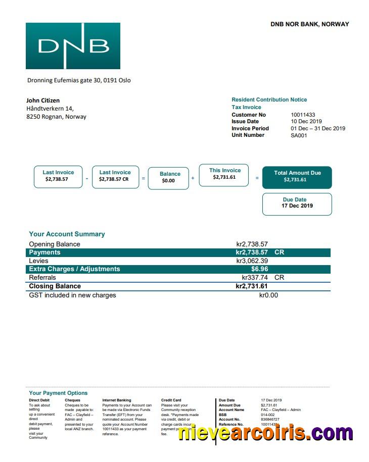 Norway DNB bank statement